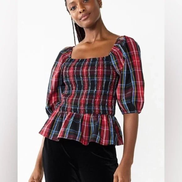 Draper James RSVP Elbow Sleeve Smocked Peplum Top, Size M, Plaid - Picture 4 of 5